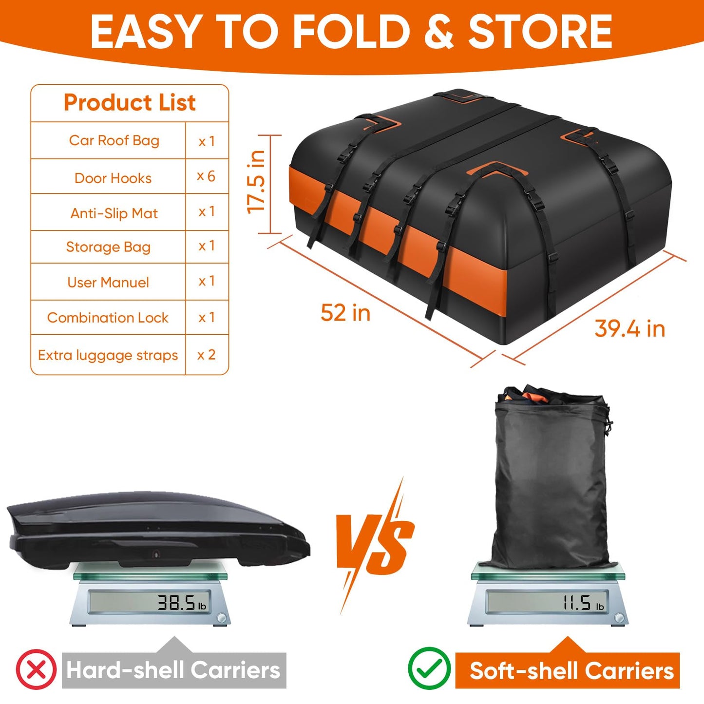 WdfCariP Car Rooftop Waterproof Bag,20 Cubic Feet Large Capacity Waterproof Car Rooftop Cargo Carrier Roof Bag for All Vehicle with/Without Racks-Anti-Slip Mat,10 Straps,6 Door Hooks,Luggage Lock