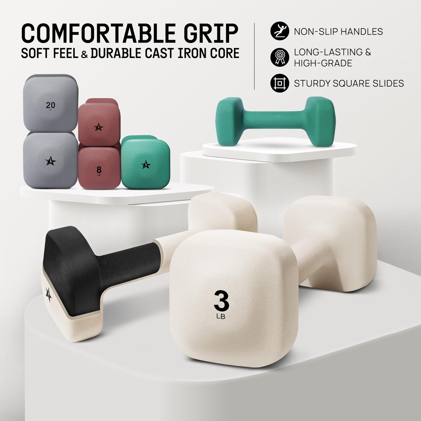 Yes4All Square Neoprene Dumbbell Set for Women/Men, Workout Hand Weight Dumbbells Set of 2, 2lb - 20lb with 4 Colors, Anti-Roll, Anti-Slip Exercise Dumbbells Weights for Home Gym, 3lbs - Beige - Pair