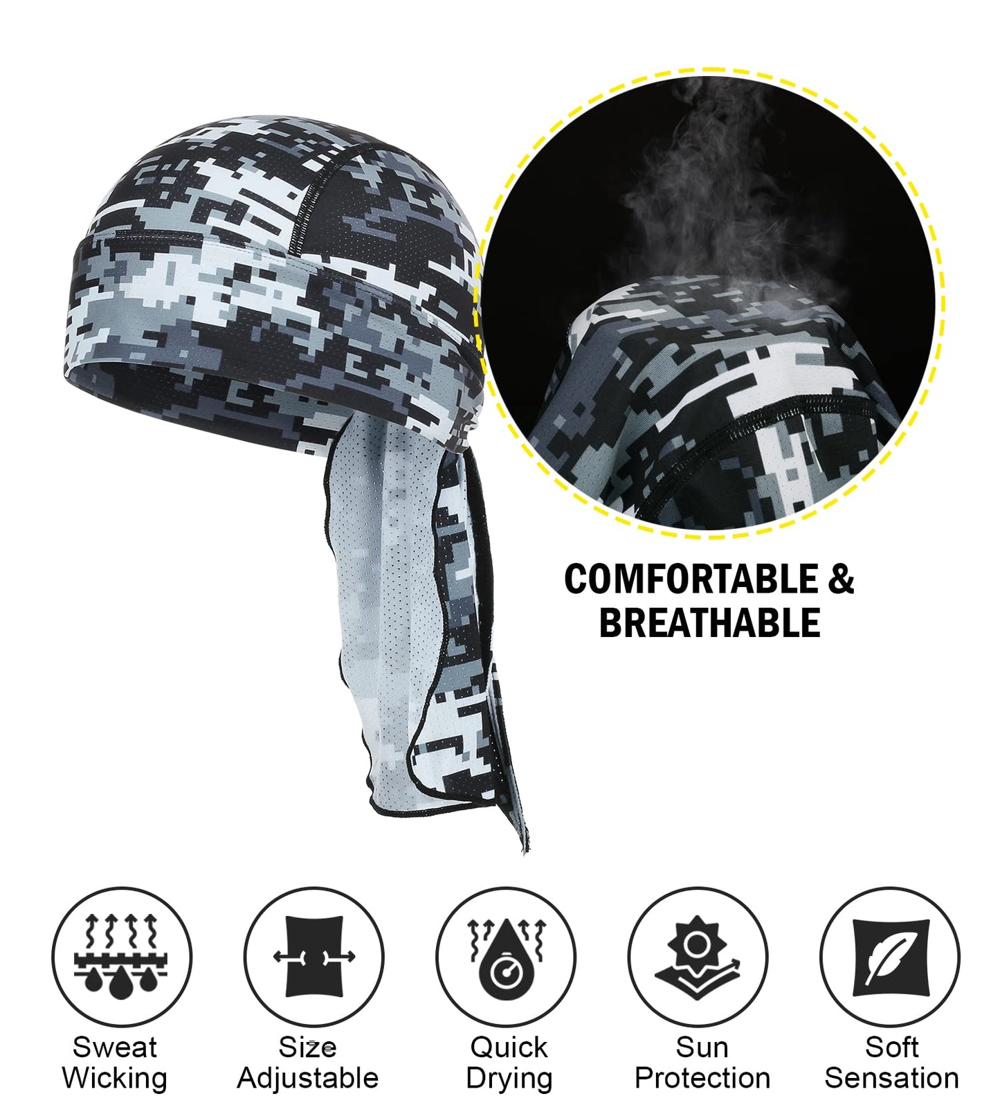MELASA Cooling Do Rags Skull Cap Helmet Liner, Sweat Head Wraps Bandanas for Men Running Cycling Motorcycle(Digital Camo Gray)