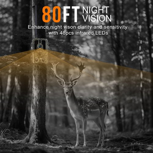 Trail Camera with Night Vision Motion Activated Waterproof, 4K 48MP WiFi Bluetooth Game Camera, 0.1s Trigger IP66 Trail Cam with App Control for Wildlife Monitoring, Deer Hunting, Security