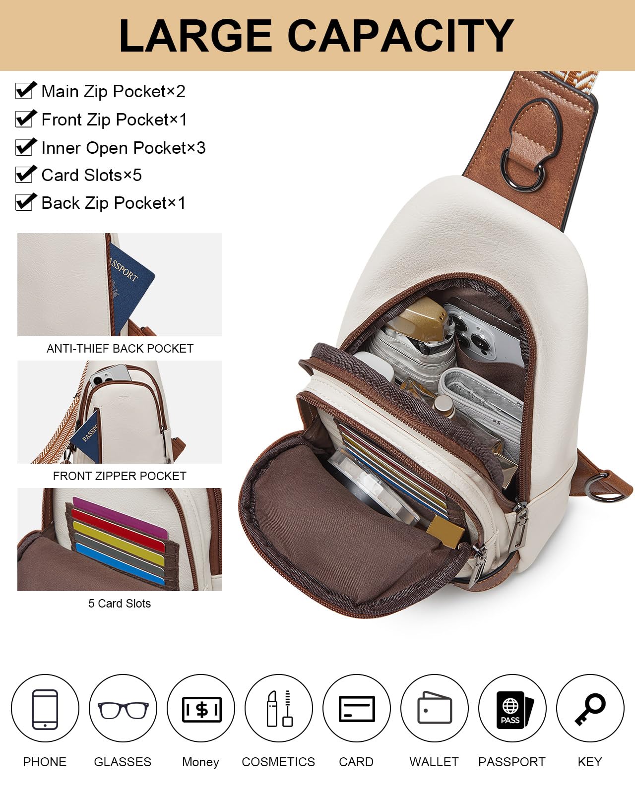 TFKGS Sling Bag Crossbody Bags for Women Fanny Packs Cross Body Bag for Woman Large Sling Backpack Purses Handbags Travel Beige Brown