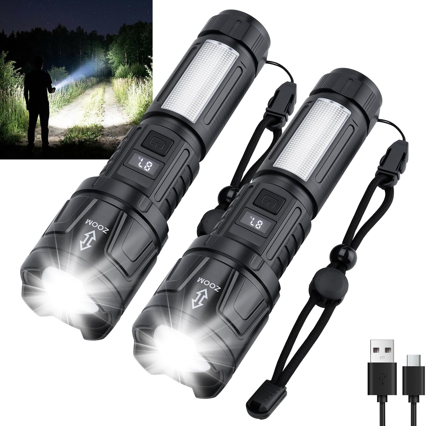 Ewenele Flashlights High Lumens Rechargeable 2 Packs, 1,500,000L Super Bright Flashlight, Led Tactical Flash Light with 6 Modes, Cob Side Light, Digital Display for Home, Outdoor, Camping, Emergency