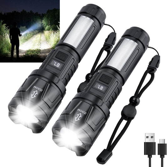 Ewenele Flashlights High Lumens Rechargeable 2 Packs, 1,500,000L Super Bright Flashlight, Led Tactical Flash Light with 6 Modes, Cob Side Light, Digital Display for Home, Outdoor, Camping, Emergency