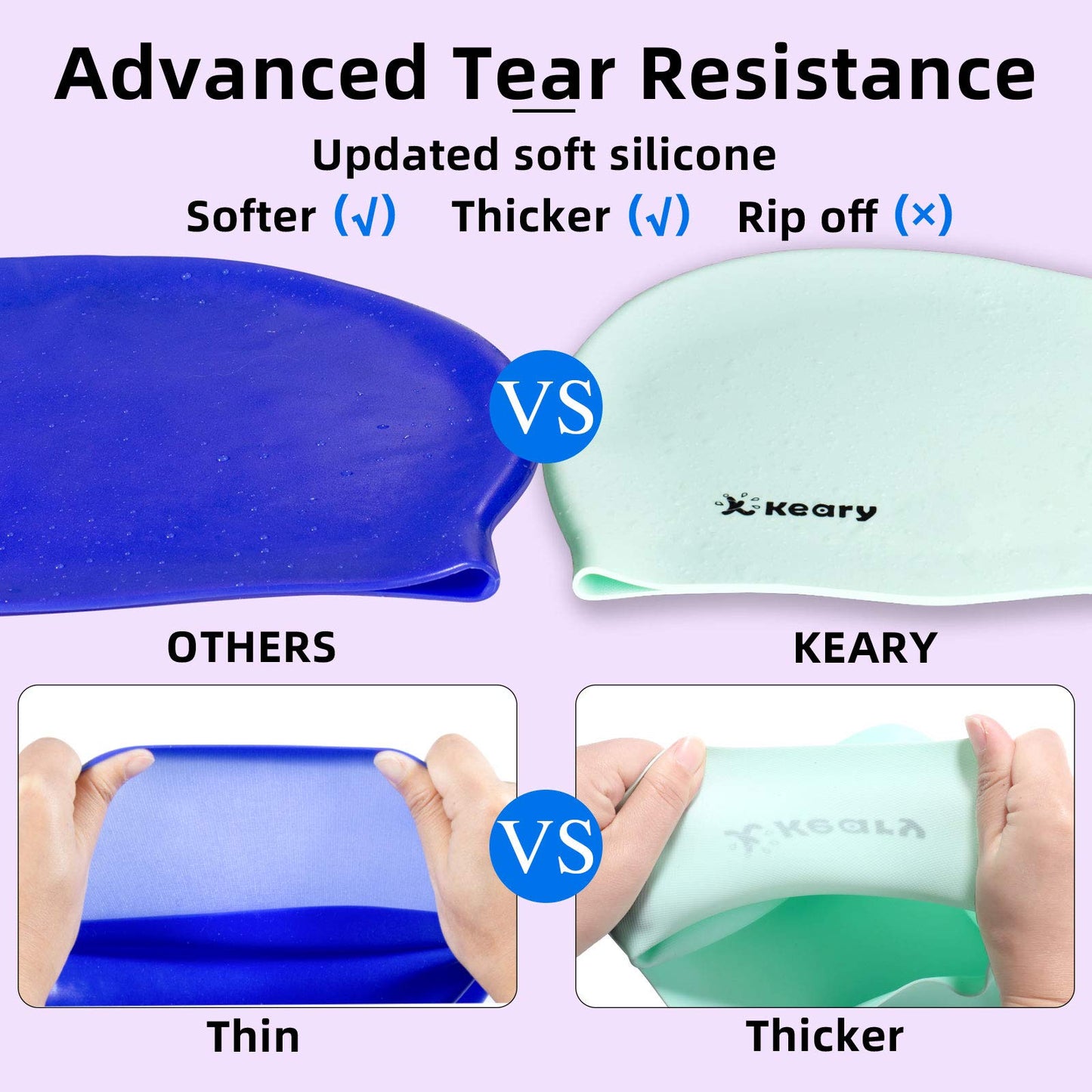 Keary 2 Pack Silicone Swim Cap for Long Hair Women Girls Waterproof Pool Swimming Cap Cover Ears to Keep Your Hair Dry, 3D Ergonomic Stretchable Durable and Anti-Slip, Easy to Put On and Off