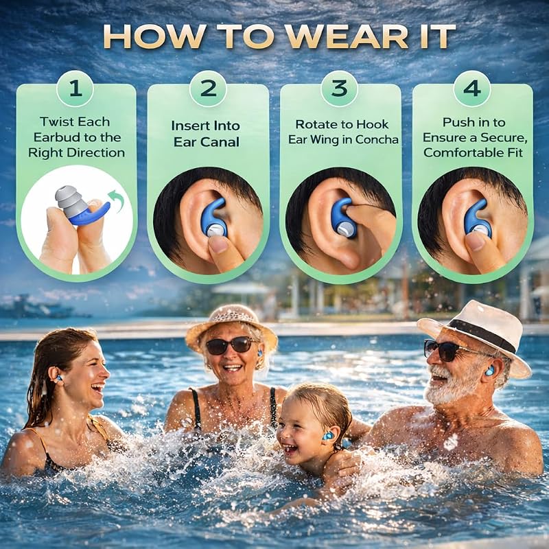 Waterproof Ear Plugs for Adults and Kids - 3 Pairs, Soft Silicone, Left/Right Indicator, Carry Case - Black, Gray, Blue