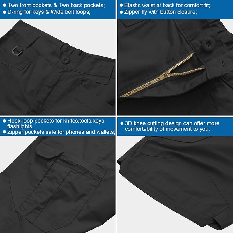 Mens Work Shorts Cargo Tactical Outdoor Short - Quick Dry, 8-Pocket, Black+36