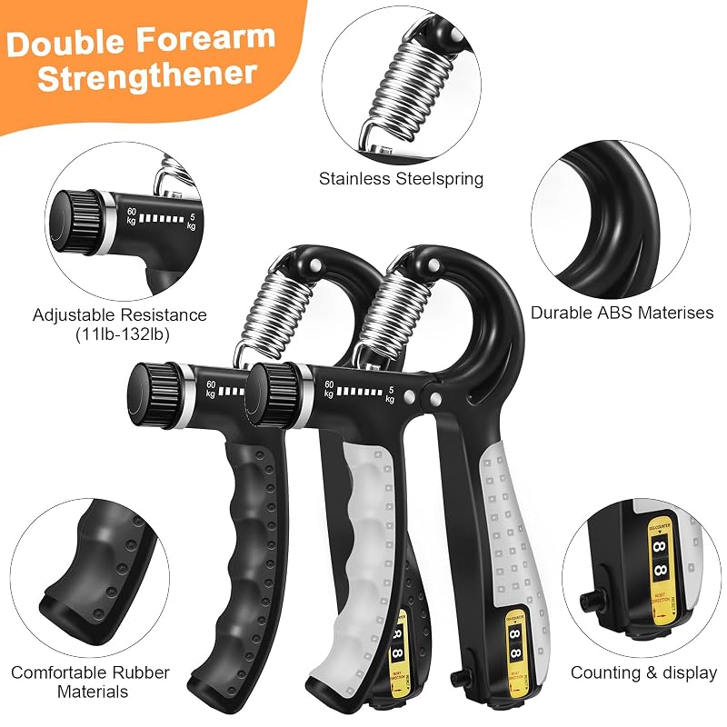 Grip Strength Trainer Kit with Hand Gripper, Finger Exerciser & Stress Ball – Black Grey Variation