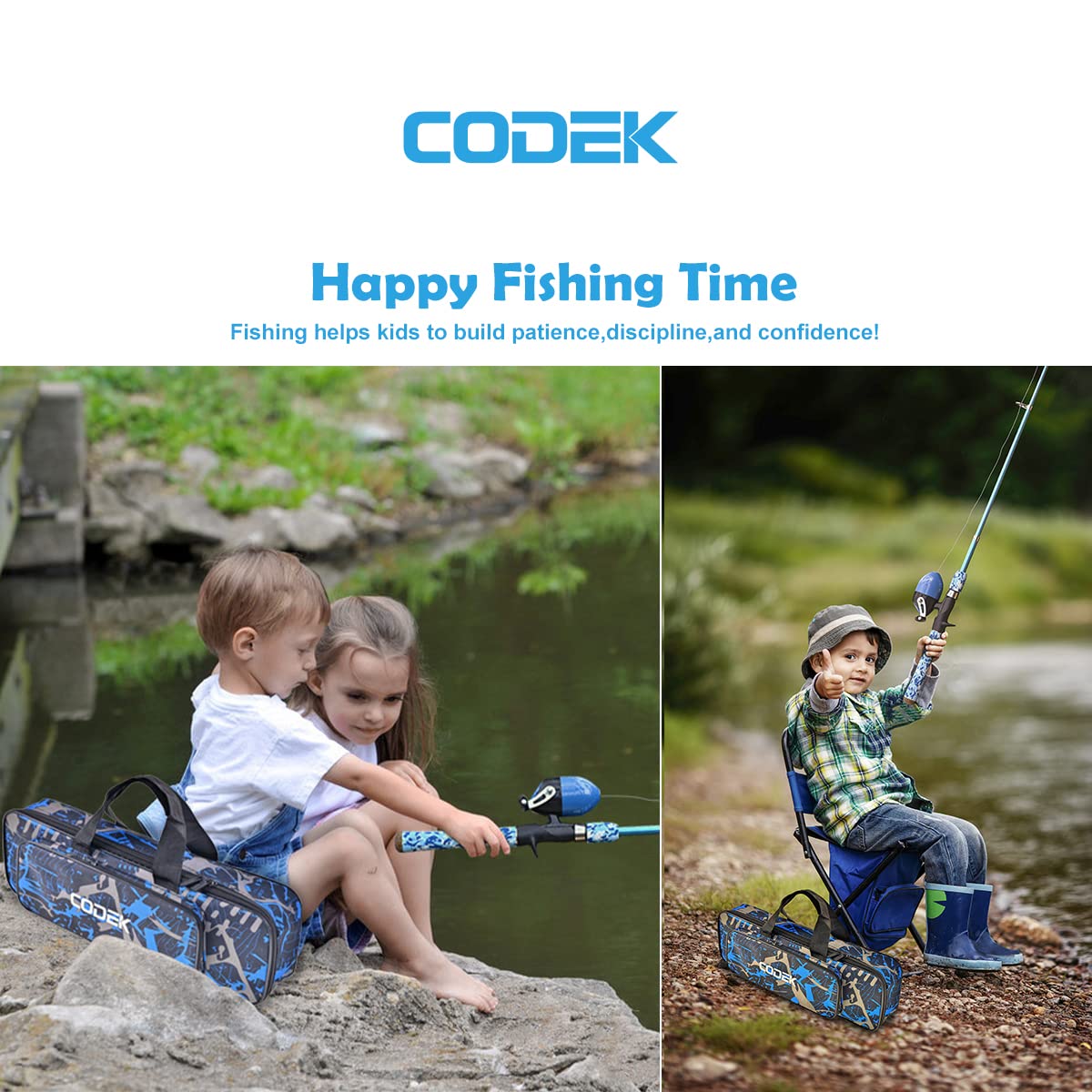 CODEK Kids Fishing Pole Set with Full Starter Kits 2 Set Portable Telescopic Fishing Rod and Spincast Reel Cambos with a Fishing Net and 2 Buckets for Boys Girls and Youth (Orange)