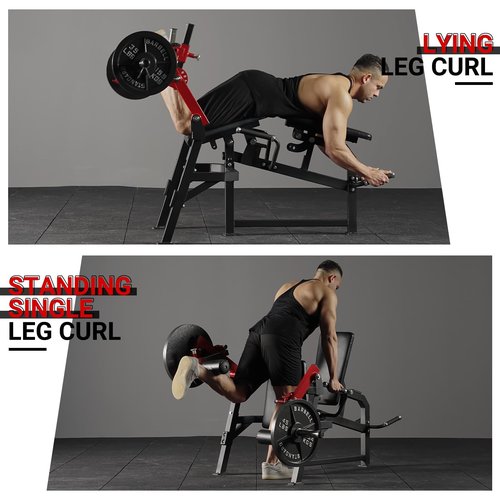 GMWD Leg Extension and Curl Machine, Single Leg Extension, Lying Leg Curl, Standing Leg Curl, Adjustable Leg Exercise Bench with Plate Loaded, Leg Machine Home Gym, Red, LE03R