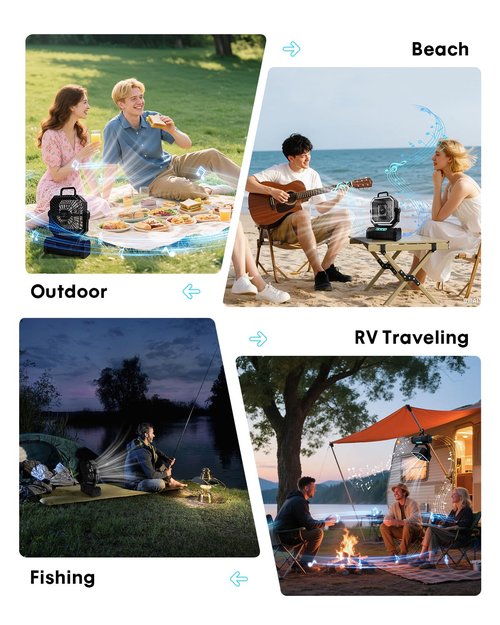 PIYOOPDR Camping Fan with Bluetooth Speaker Portable Fan,20000mAh Rechargeable Battery Powered Fans,Quiet 4-Speeds, 4-LED Light,360° Hanging Hook for Outdoor Picnic Tent Beach Travel Barbecue, Black