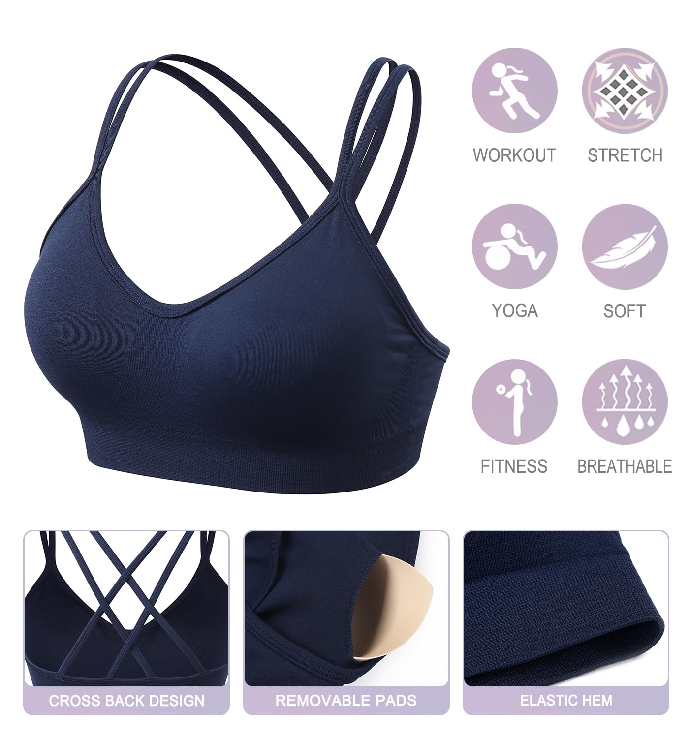 VEQKING Women's Cross Back Sports Bra Padded Strappy Medium Support Yoga Bra for Workout Fitness 3 Pack