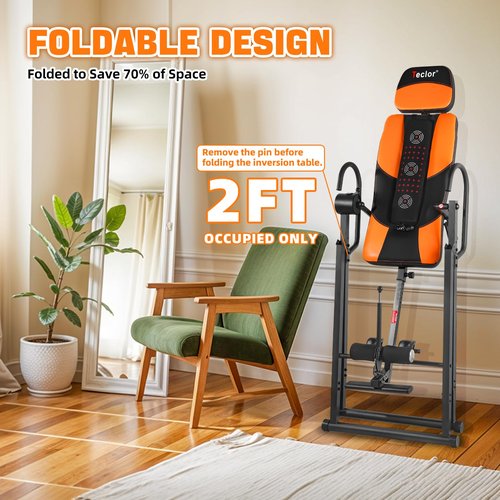 Teclor Advanced Heat and Massage Strength Training Inversion Table for Back Pain Relief,Heavy Duty Inversion Table 350 lbs Capacity with Wider and Thickened Backrest, Orange/Black