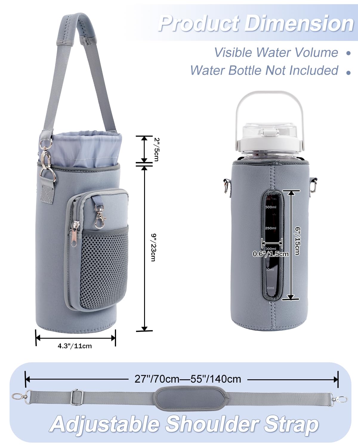 RHDZO Water Bottle Carrier Bag with Strap Insulated Water Bottle Holder with Phone Pocket and Handle 32oz 40oz 50oz Water Bottle Sleeve for Walking Hiking, Blue Gray