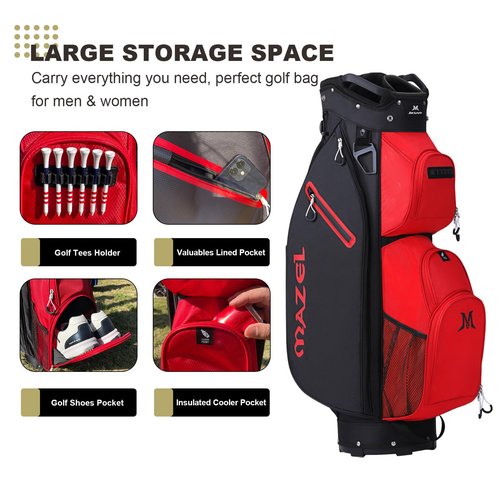 MAZEL Golf Cart Bag with 7-Way Full Length Dividers Top and 9 Pockets,Lightweight Golf Club Bag for Men & Women (Red Black)