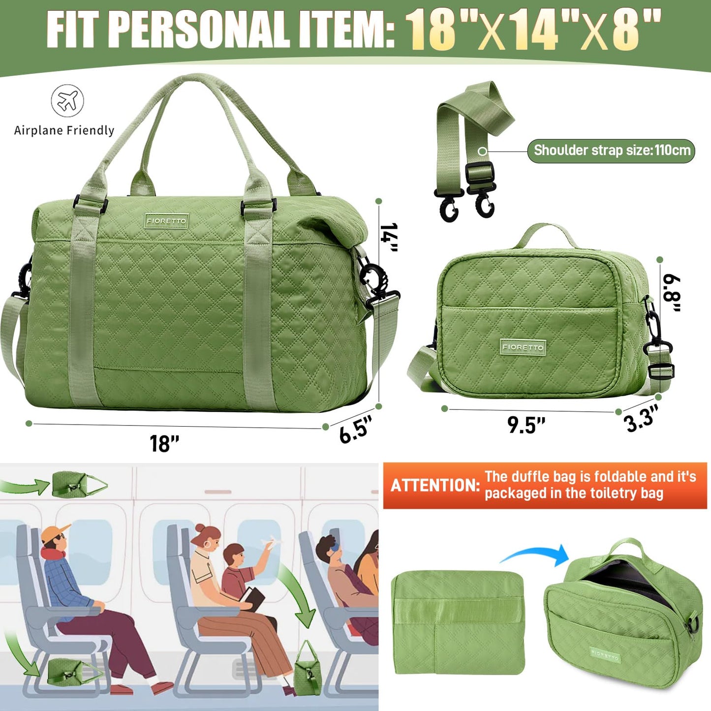 FIORETTO Women's Gym Duffle Bag with Shoes Compartment, Multi-Functional, Ideal for Travel, Gym, Sports, Duffel, Weekender, Quilted, with Toiletry Bag, Green