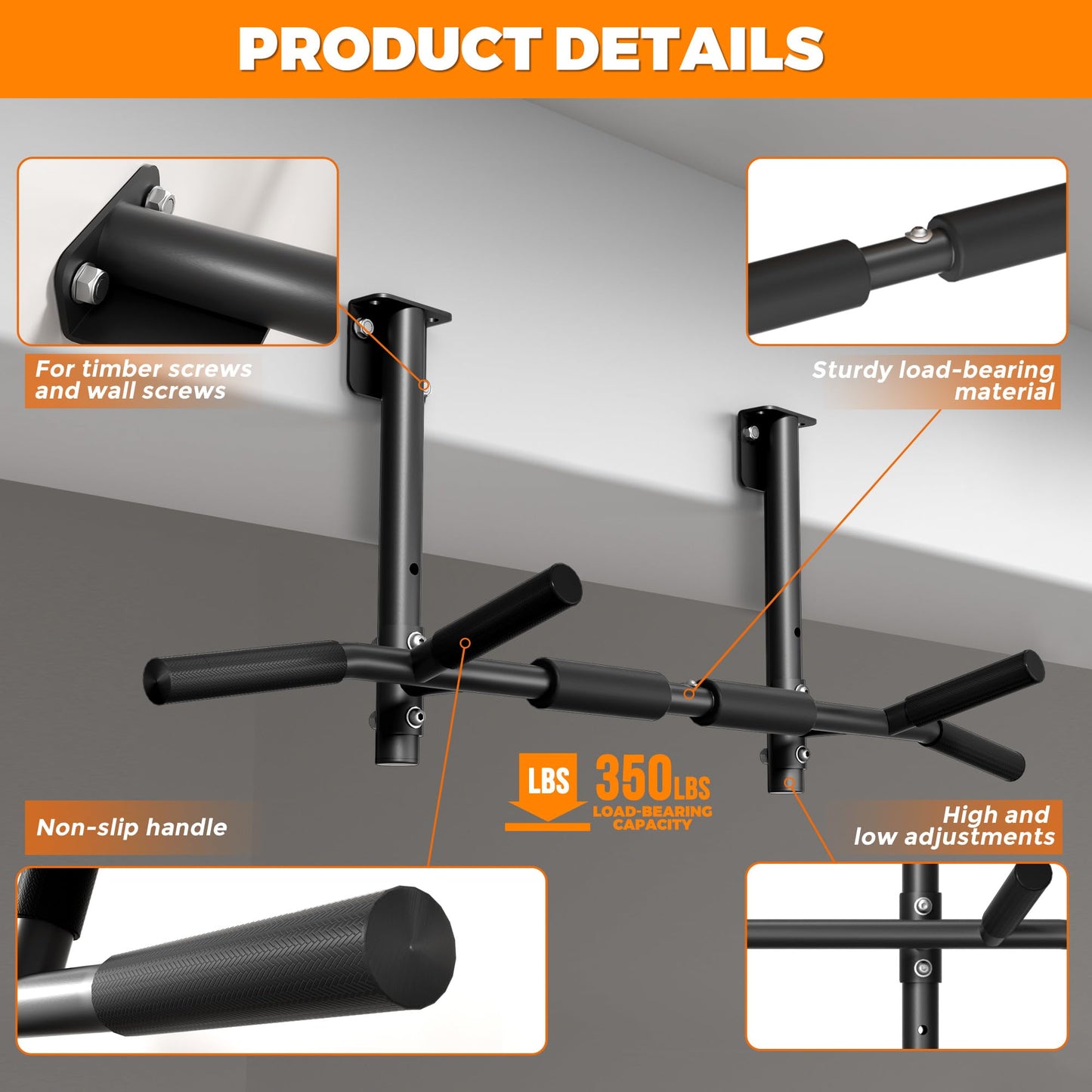 Joist Mounted Pull Up Bar,42" Wide Bar Ceiling Mount Chain Up Bar Adjustable Height,for Home Gym,Cross Training Strength Building,up to 350LBS