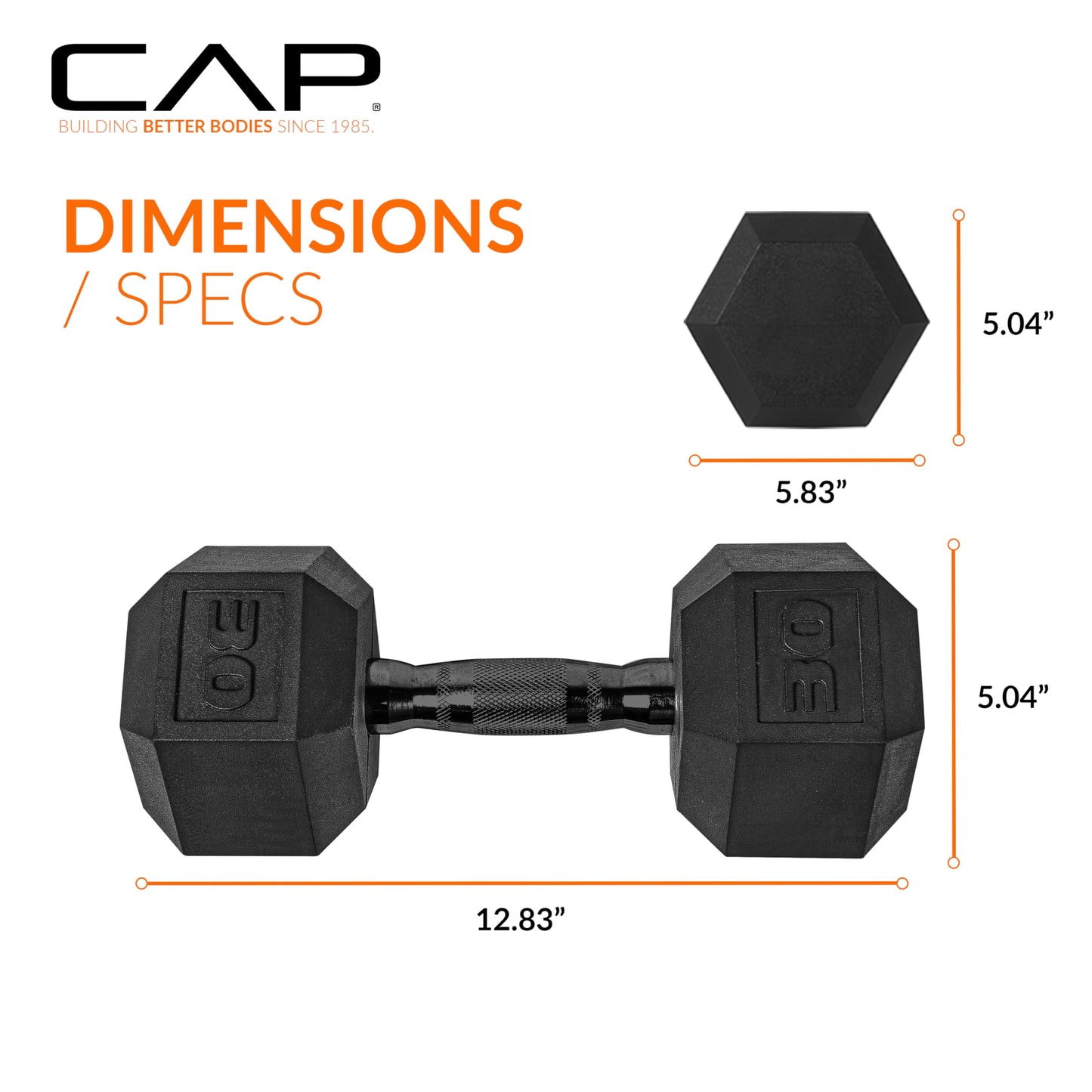CAP 30 LB Rubber Coated Hex Dumbbell Weight, Rubber Free Weights for Home Gym Strength Training, Black Oxide Handle, Pair