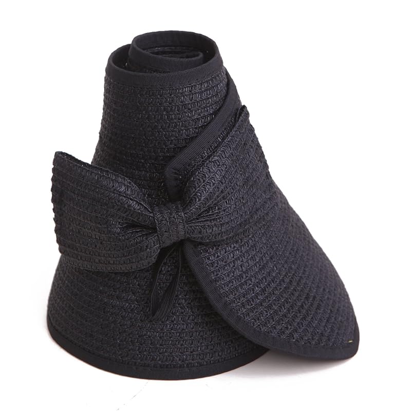 HDE Sun Visor Hat for Women - Packable Ponytail Visor with Bow, Black, One Size