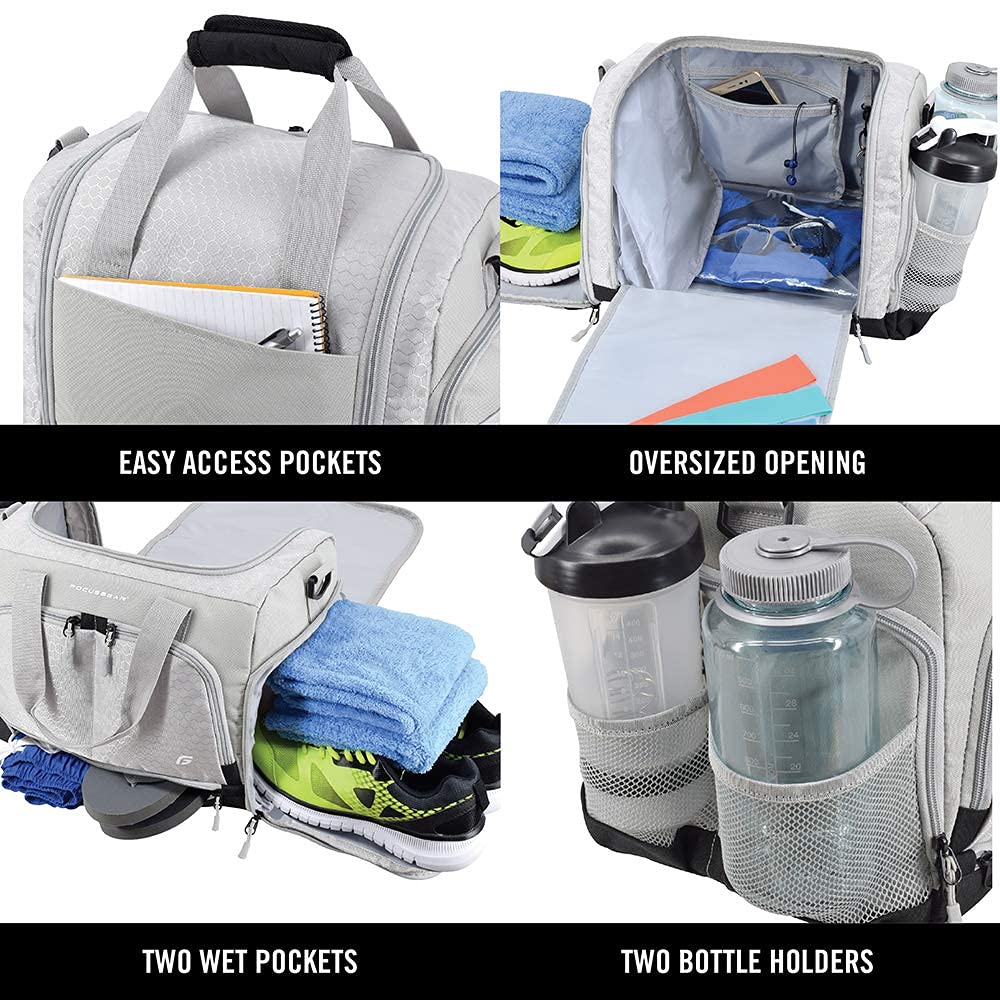 Ultimate Gym Bag 2.0: The Durable Crowdsource Designed Duffel Bag with 10 Optimal Compartments Including Water Resistant Pouch (Silver, Small (15"))