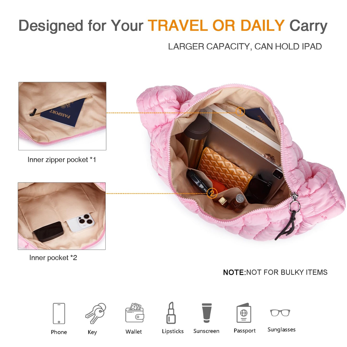 Quilted Puffer Tote Bag for Women Large Puffy Carryall Crossbody Shoulder Purse, Lightweight Travel Nylon Hobo Bag