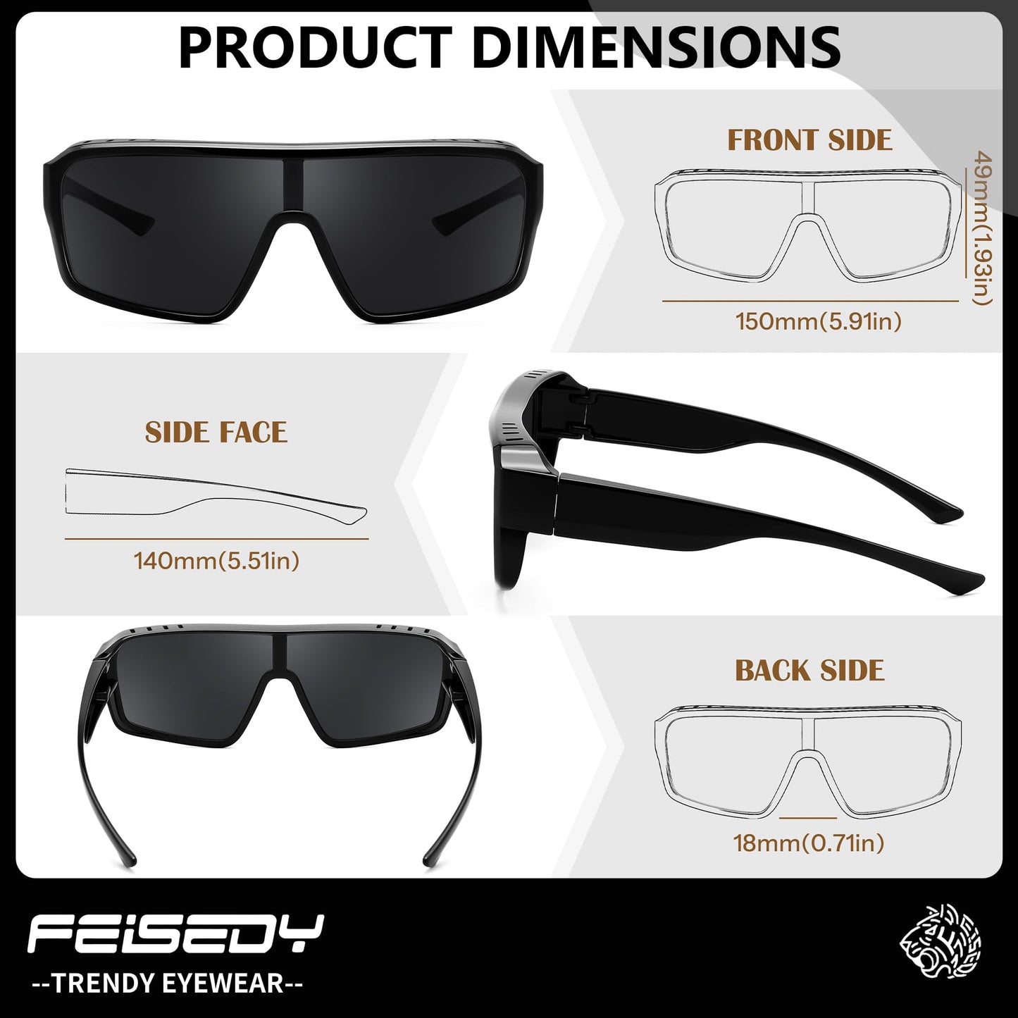 FEISEDY Oversized Square Sunglasses Fit Over Glasses for Men Women, Wrap-around One Piece Shades, Driving Outdoors B0332