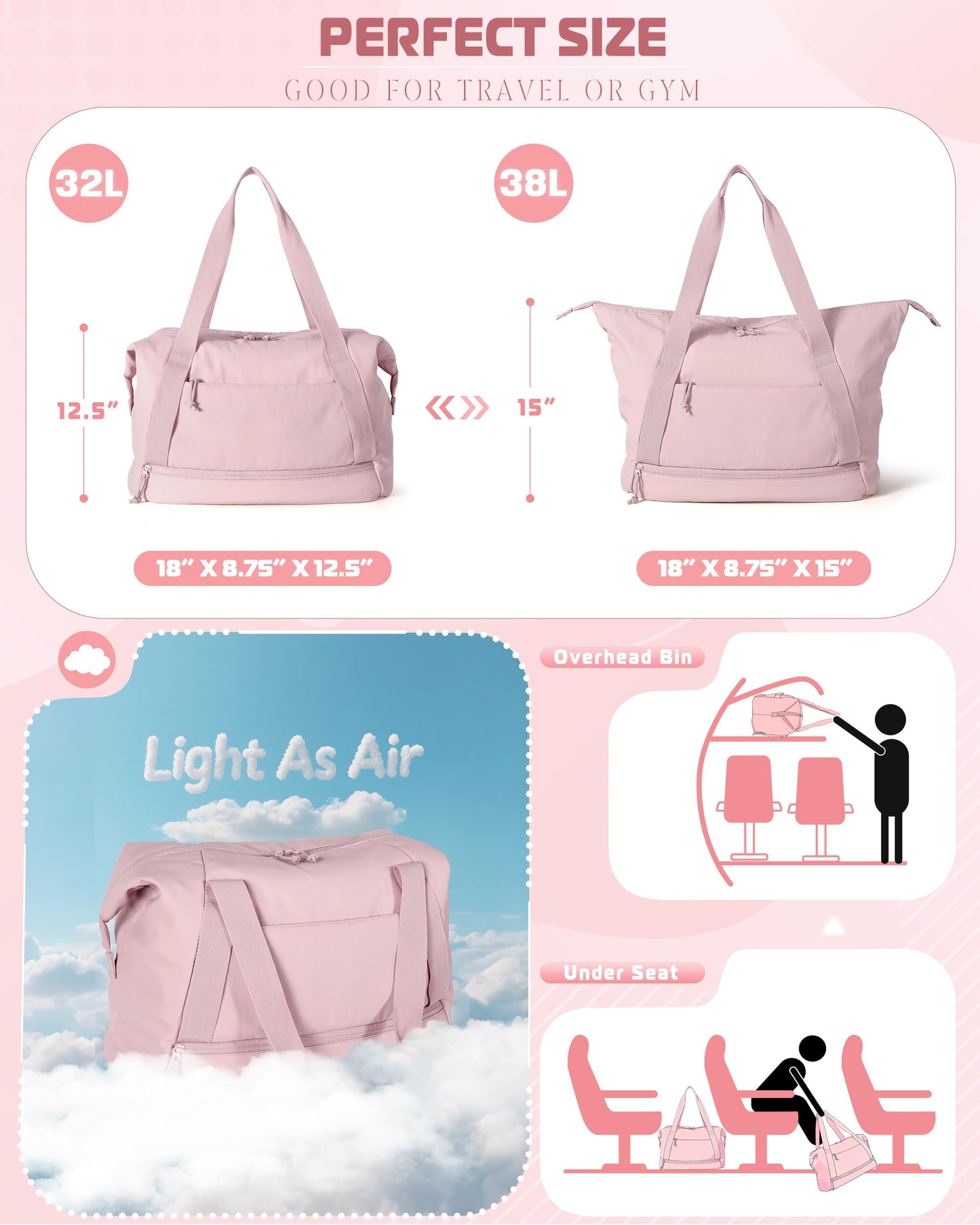 Smasrob Travel Duffle Bag with Shoe Compartment and Laptop Sleeve for Women, Lightweight Weekender Duffel Bag for Travel, Gym, Hospital Labor Delivery, Pink