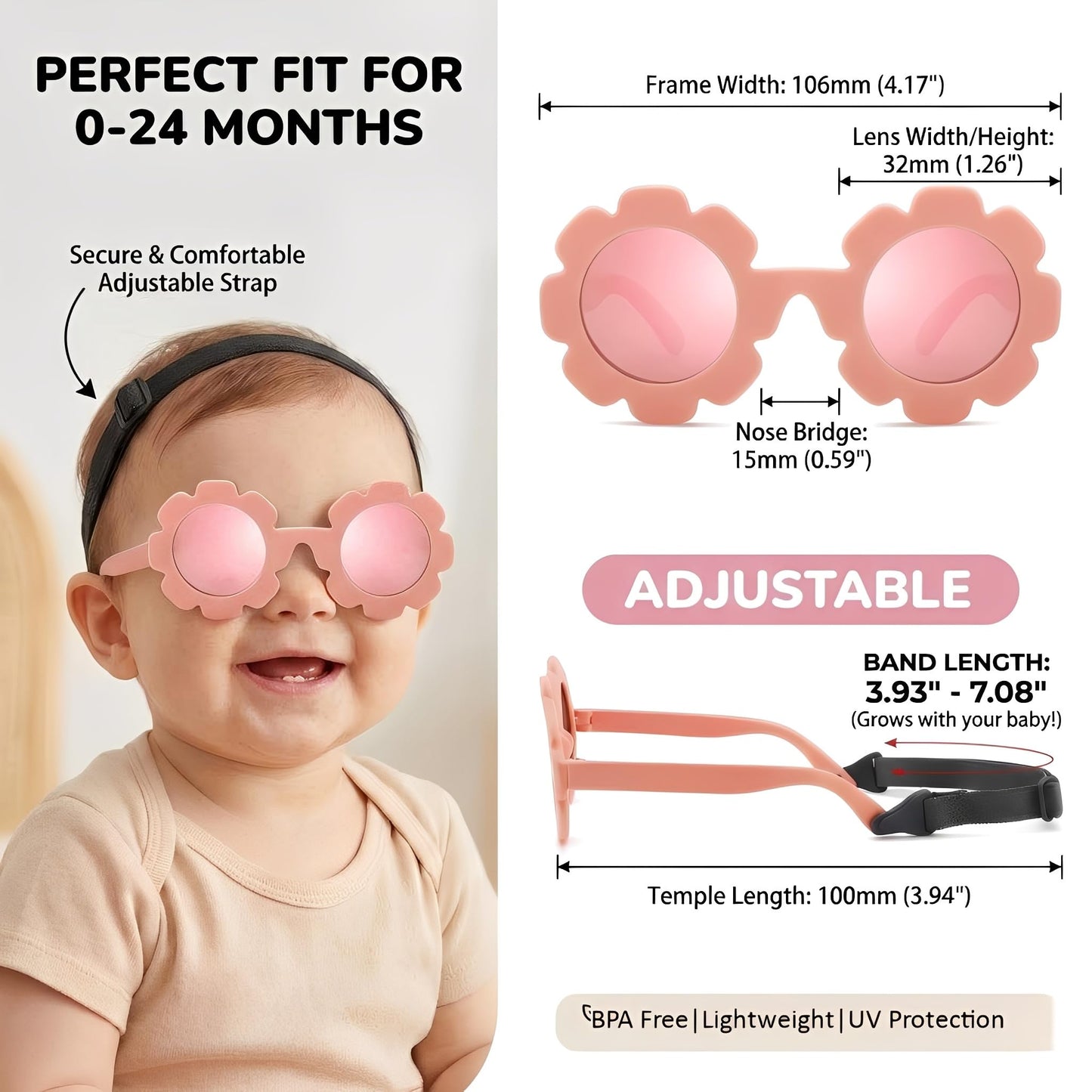 GLARDEFE Polarized Baby Sunglasses with Strap - Unbreakable Infant Flowers Sunglasses for Newborn Girls Boys Age 0-12 Months(White/Red Mirror + Pink/Pink Mirror + Beige/Brown)