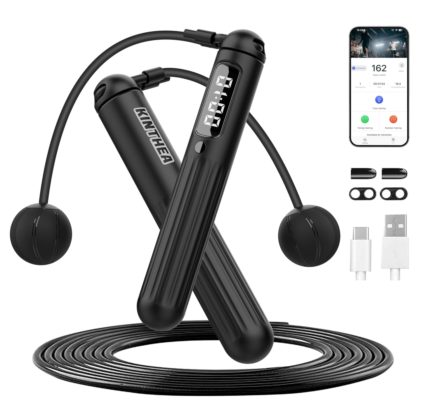 KINTHEA 2 in 1 Smart Jump Rope, APP Control & Data Record, Cordless Jumping Rope with Counter for Women, Men, All Age, Adjustable Skipping Rope for Cardio Fitness in Limited Home Space & Outdoor