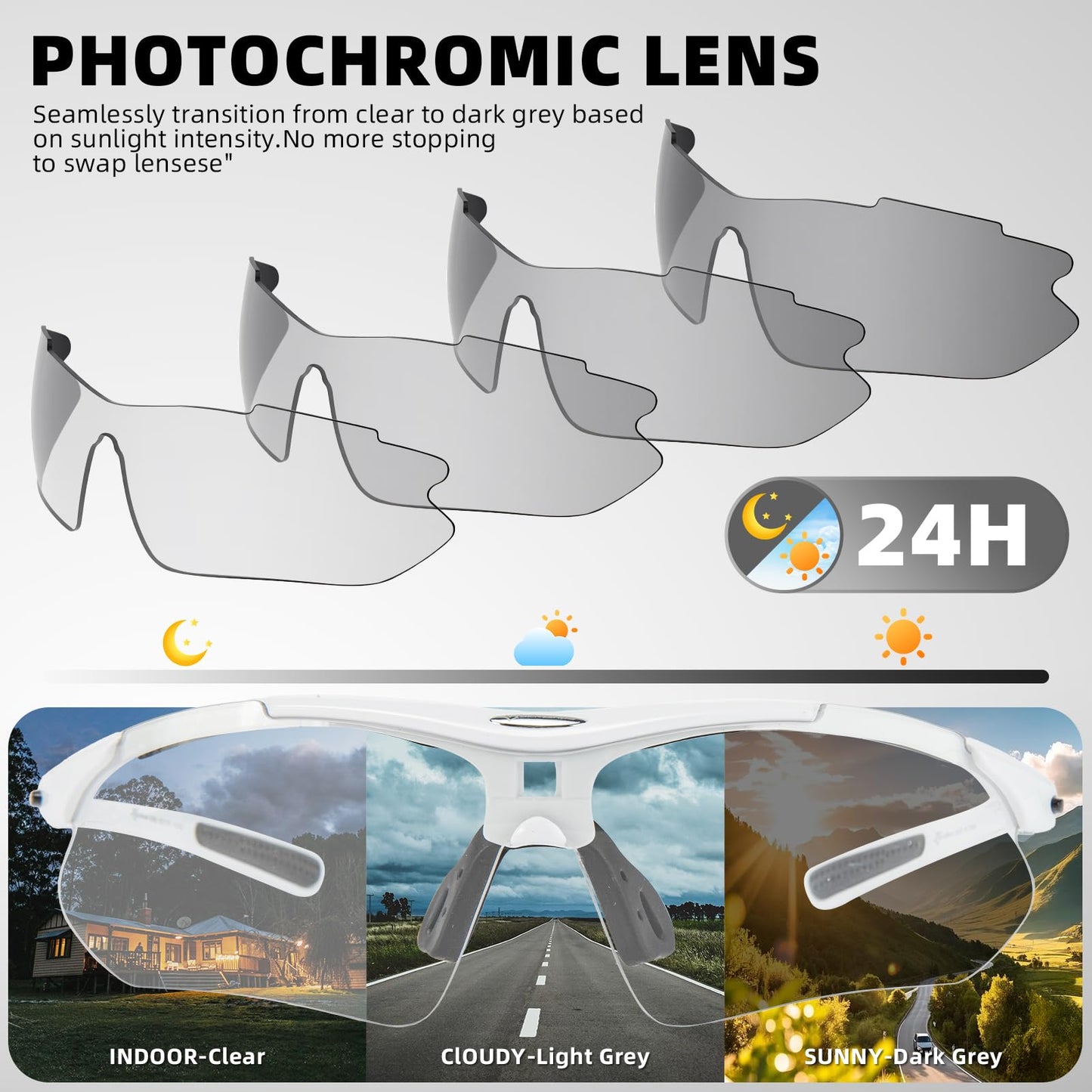 ROCKBROS Pickleball Glasses for Men Women Photochromic Sports Sunglasses UV400 Protection Interchangeable Strap