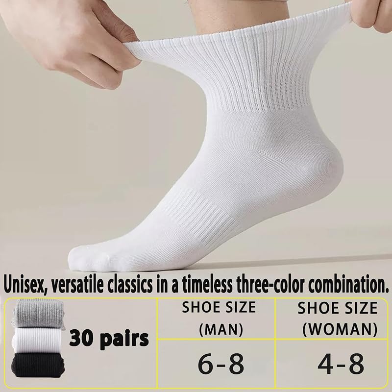30 Pairs Crew Socks - Unisex Cotton Athletic Socks 4-8 (Black White Gray) - 12/30 Pairs