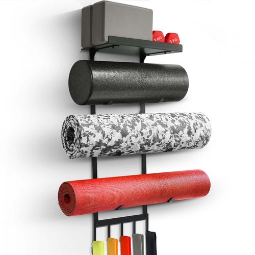Yoga Mat Holder Wall Mount, Home Gym Storage Rack with Top Flating Shelf, 4-Tiers Holding Yoga Mat/ Blocks/ Rollers and Decorations, 5 Hooks for Resistance Bands, Skipping-Rope, Small Gym Equipment