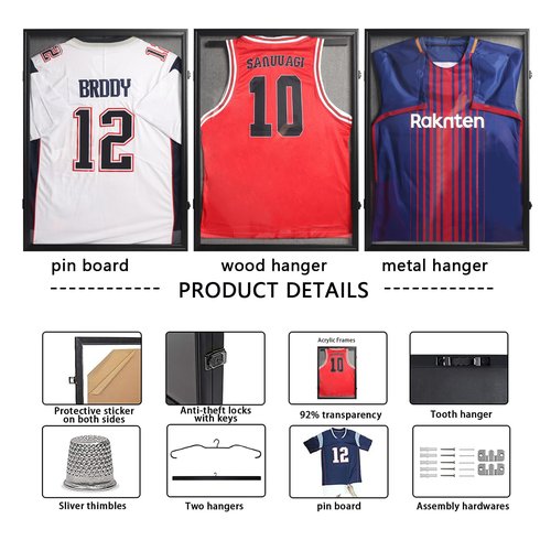 PKHROR Jersey Frame Display Case Large Lockable Sports Jersey Frame Shadow Box with Uv Protected Acrylic and Hanger for Baseball Basketball Football Soccer Hockey Sport Shirt Linen Black