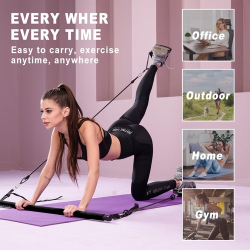 Pilates bar kit Multiple Fitness bar with Resistance Bands, Ab Rollers.Core Strength Training Equipment. Squat Machine for Men and Women.Portable Home Gym Pilates bar kit for Full Body Training Women