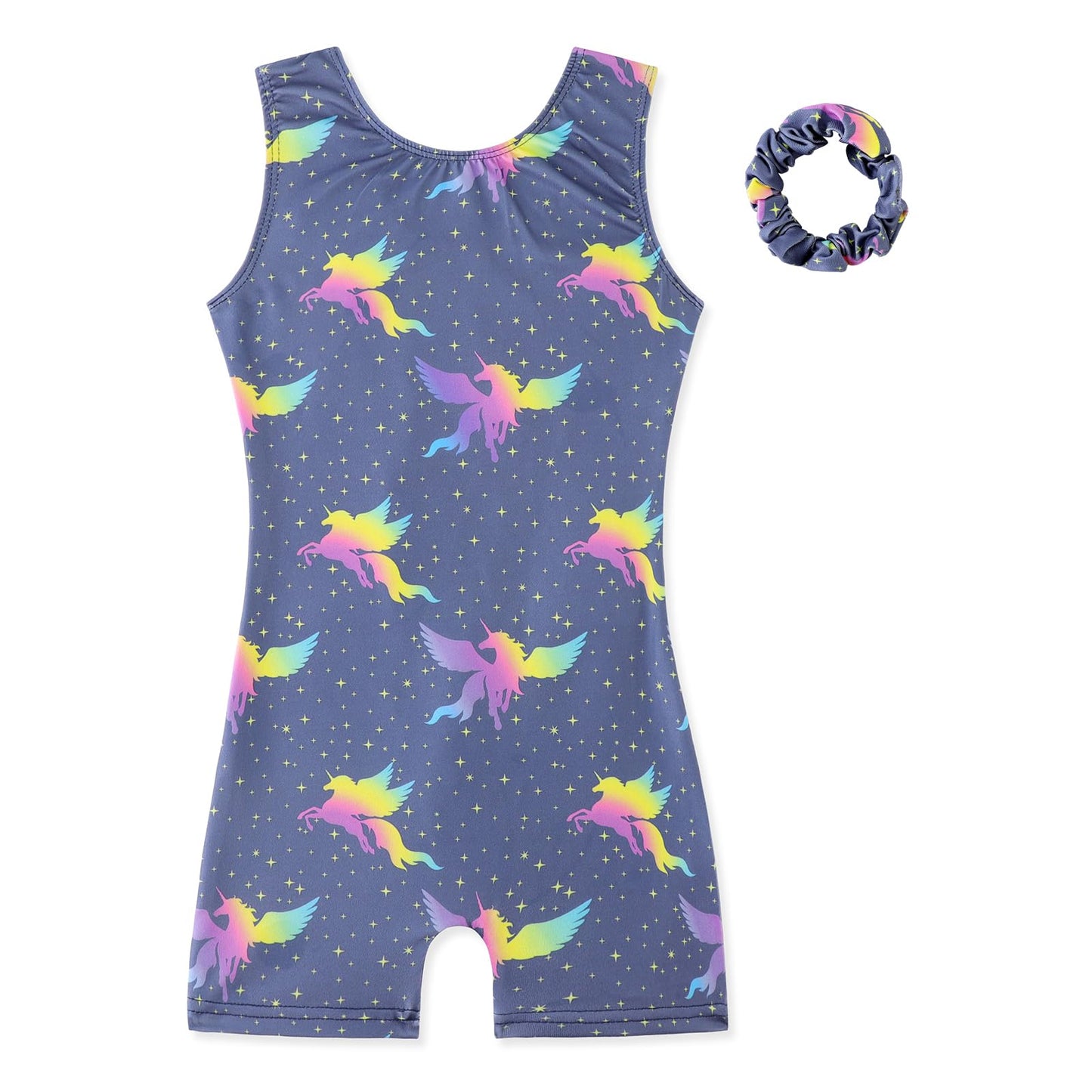 HOZIY Girls Leotards for Gymnastics With Scrunchies Shorts 4t 5t Smoky Purple Rainbow Unicorn Biketard Tumbling Outfit Kids Stars