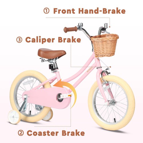Petimini 12 Inch Kids Bike for Age 2 3 4 Years Old Little Girls Toddlers Retro Vintage Style Bicycles with Basket Training Wheels and Bell, Pink