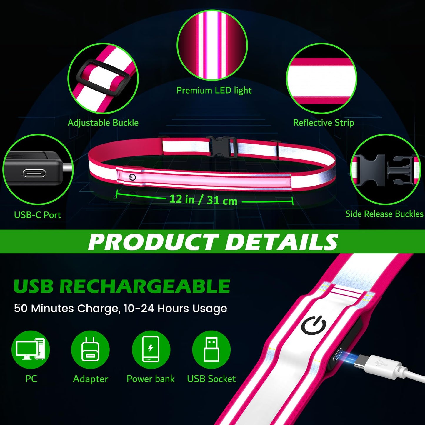 Reflective Sash Gear for Walking at Night,Flashing LED Reflective Belt Safety Lights for Walkers Night Dog Walking Biking Running,High Visibility Rechargeable With Wear 2 Ways for Men Women (Pink)