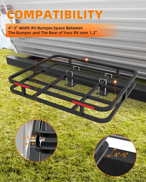RV Bumper Mounted Cargo Rack Carrier 32"×26"×4" with Net, 350 Lbs Capacity Fits 4" to 5" Bumper Cargo Carrier Heavy Duty Luggage Basket Hitch for RV Camping Traveling, Black
