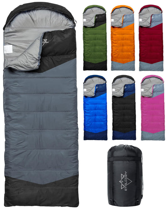 ETGLCOZY Lightweight 3-Season Sleeping Bag for Adults/Kids Camping, Compact w/Compression Sack, Waterproof Ripstop, Portable for Backpacking Hiking Travel, 50-80°F, Gray/Black