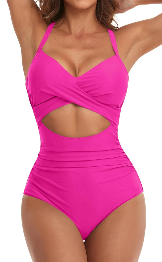 Eomenie Women's One Piece Swimsuits Tummy Control Cutout High Waisted Bathing Suit Wrap Tie Back 1 Piece Swimsuit Hot Pink