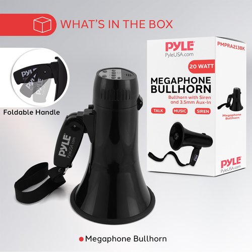 Pyle 20W Megaphone Bullhorn - Portable, Automatic Siren & Adjustable Volume,Projection Range Up to 400 Square Yards, Aux Input, Talk, Siren, Music, Whistle, & Record, Shoulder Strap (Black)