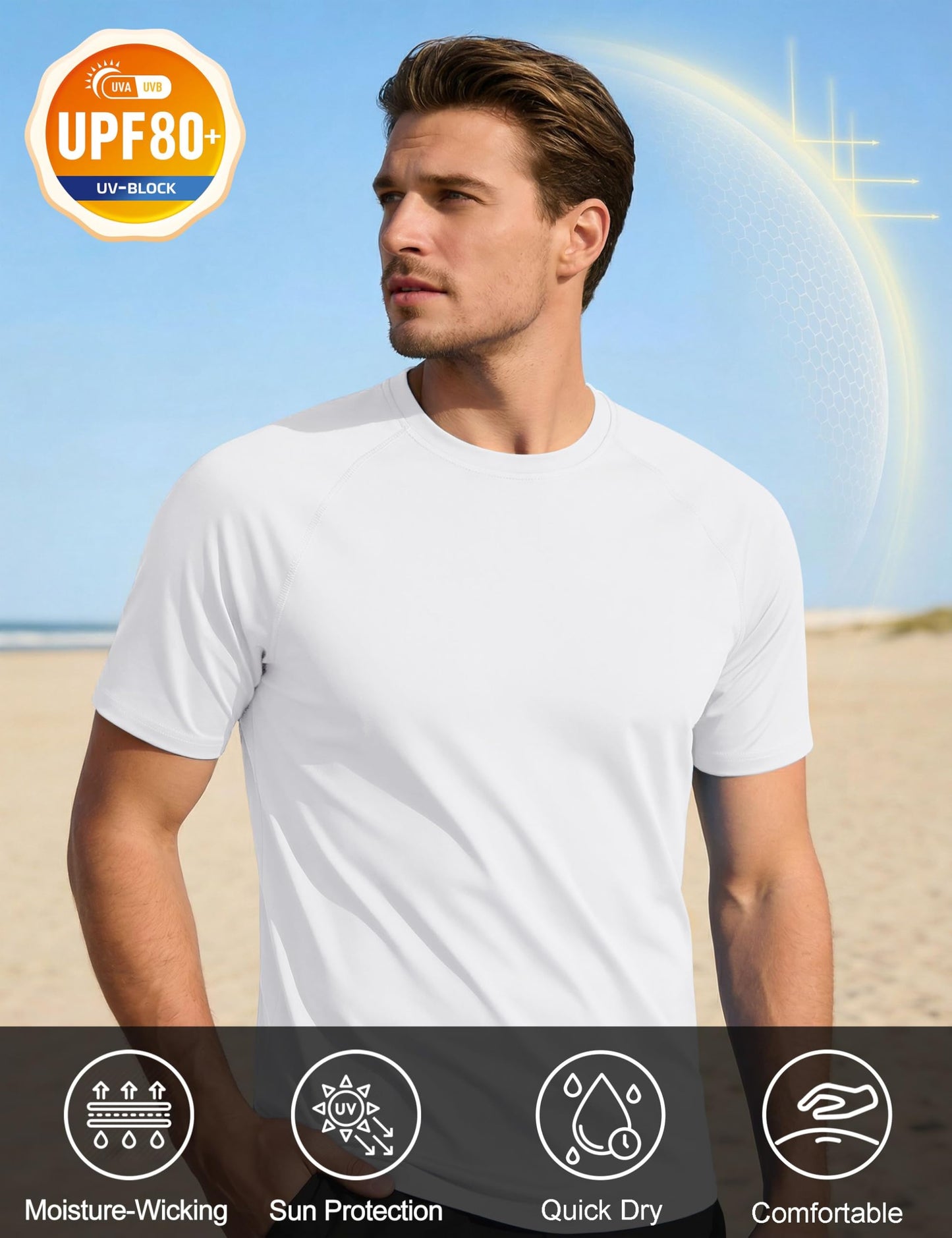 KEFITEVD SPF Shirts for Men UPF 50 Short Sleeve Swim Shirts Dry Fit Sun Protection T-Shirts Moisture Wicking Rash Guard Workout Hiking Running White Tees