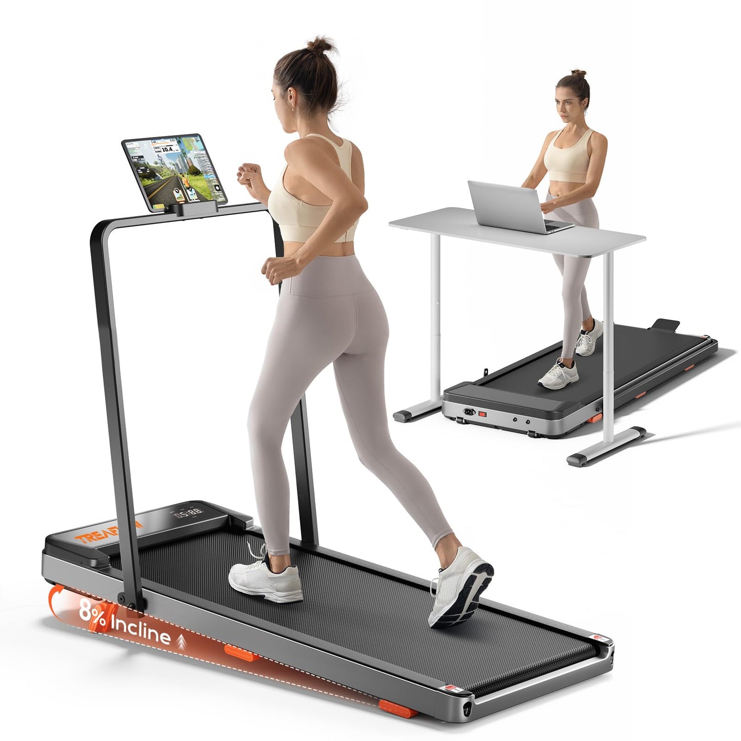 TREAFLOW Walking Pad with Incline, Foldable Treadmill with Handrail for Home Office, Portable Walking Machine, Low Noise, LED Display, 6.2 MPH