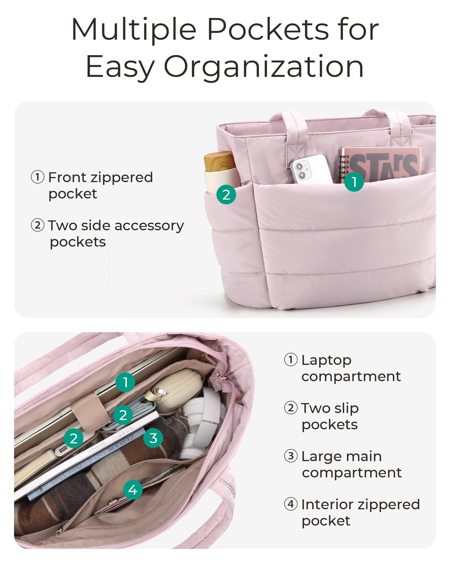 BAGSMART Tote Bag for Women, Lightweight Puffy Tote Bag with Compartments Shoulder Bag Handbag for Travel, Work, Gym (d-Standard Size-Pink, Standard Size)