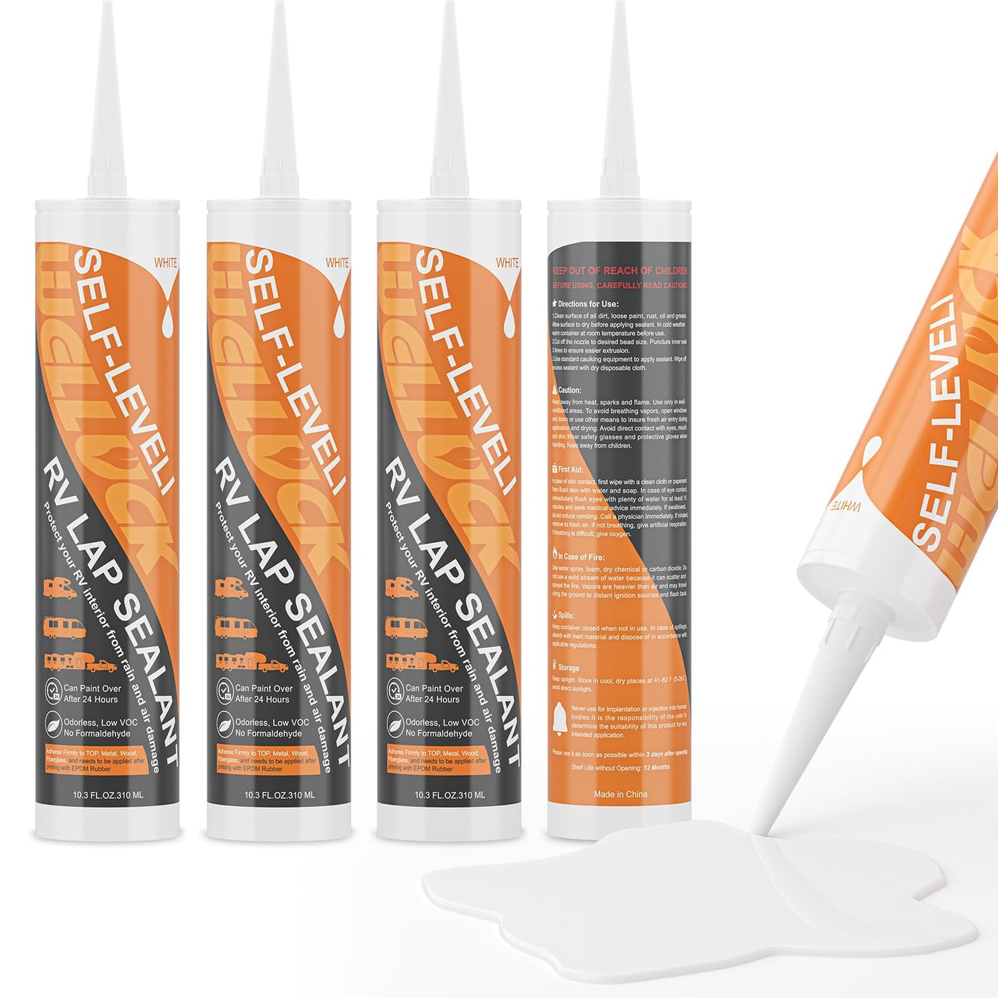 WELLUCK 4PC Self Leveling RV Roof Sealant Lap for RV Roofs, White Flexible Repair Caulking Rubber Epdm Sealant for Camper Motorhomes Trailers, Secure Odorless Waterproof & UV All Weather Adhesive