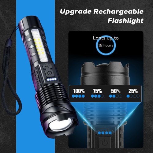 Rechargeable Flashlights High Lumens 10000lm, 7mode Flashlights Rechargeable Super Bright High Powered Flash Light Adjustable Tactical Flashlight LED Flashlight for Emergency Home 2pcs (2)