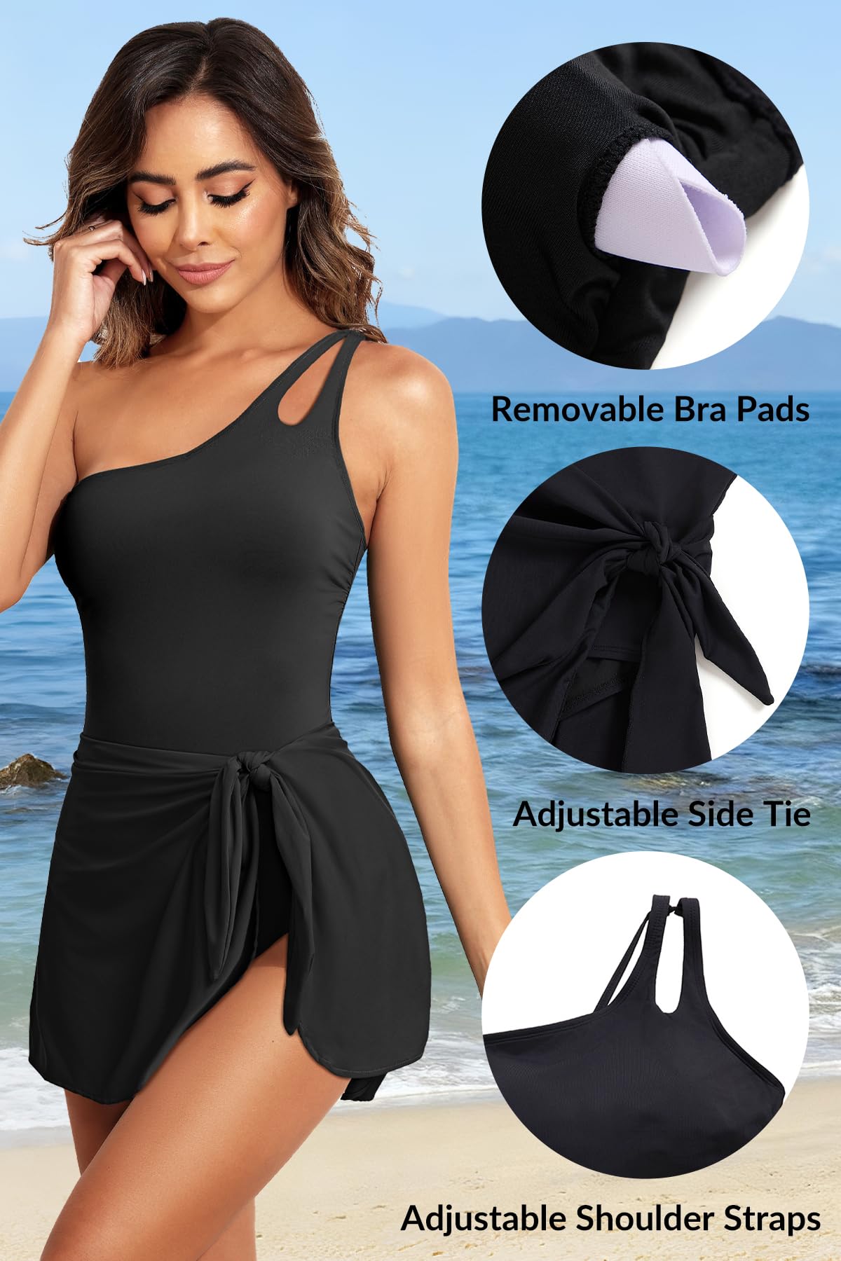 Daci One Piece Swimsuit with Skirt Tummy Control Swim Dress Black M