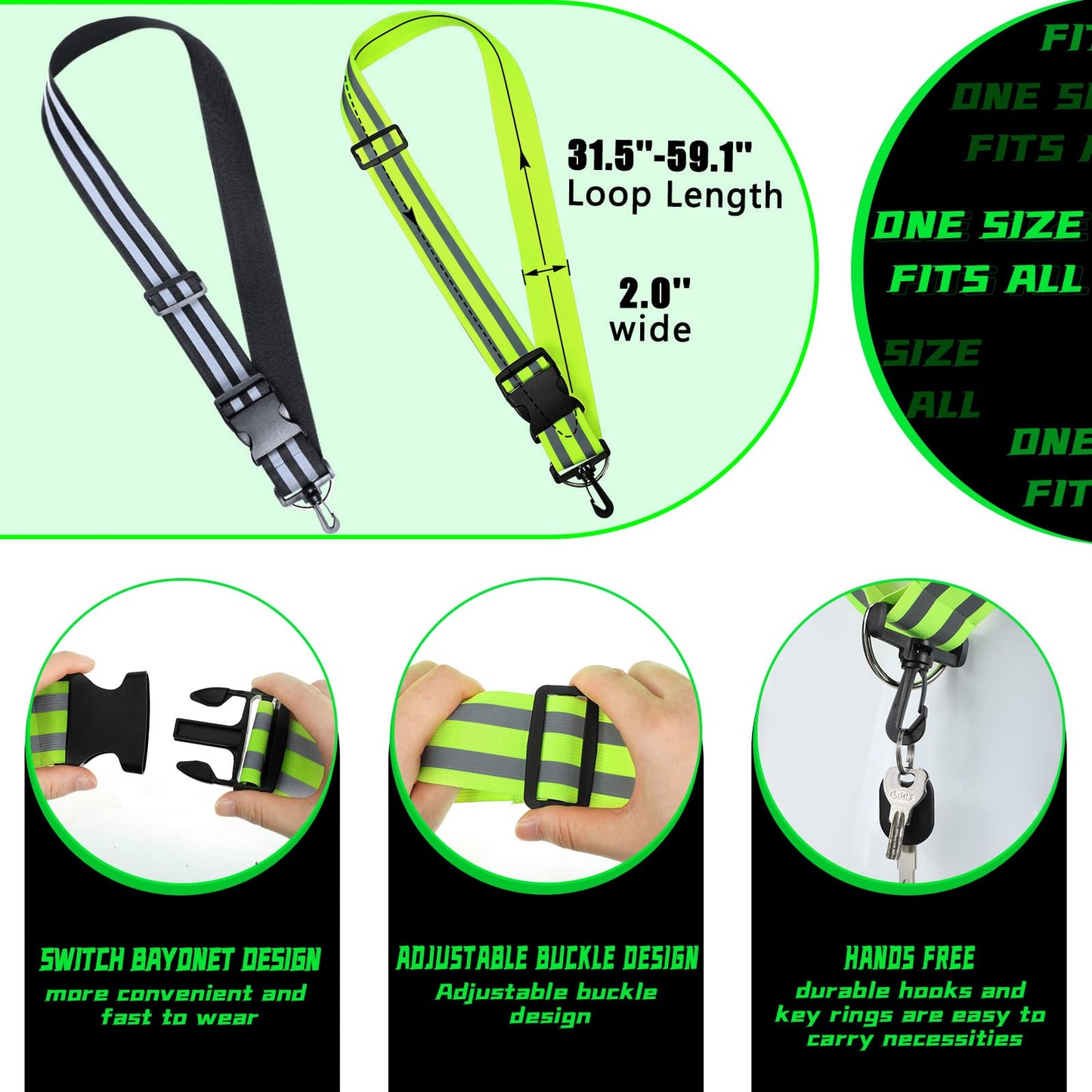 Saintrygo 2 Pieces Reflective Sash for Walking at Night Running Gear Safety Reflective High Visibility Jacket Adjustable Sash for Walking Cycling at Night (Fluorescent Green,Black)