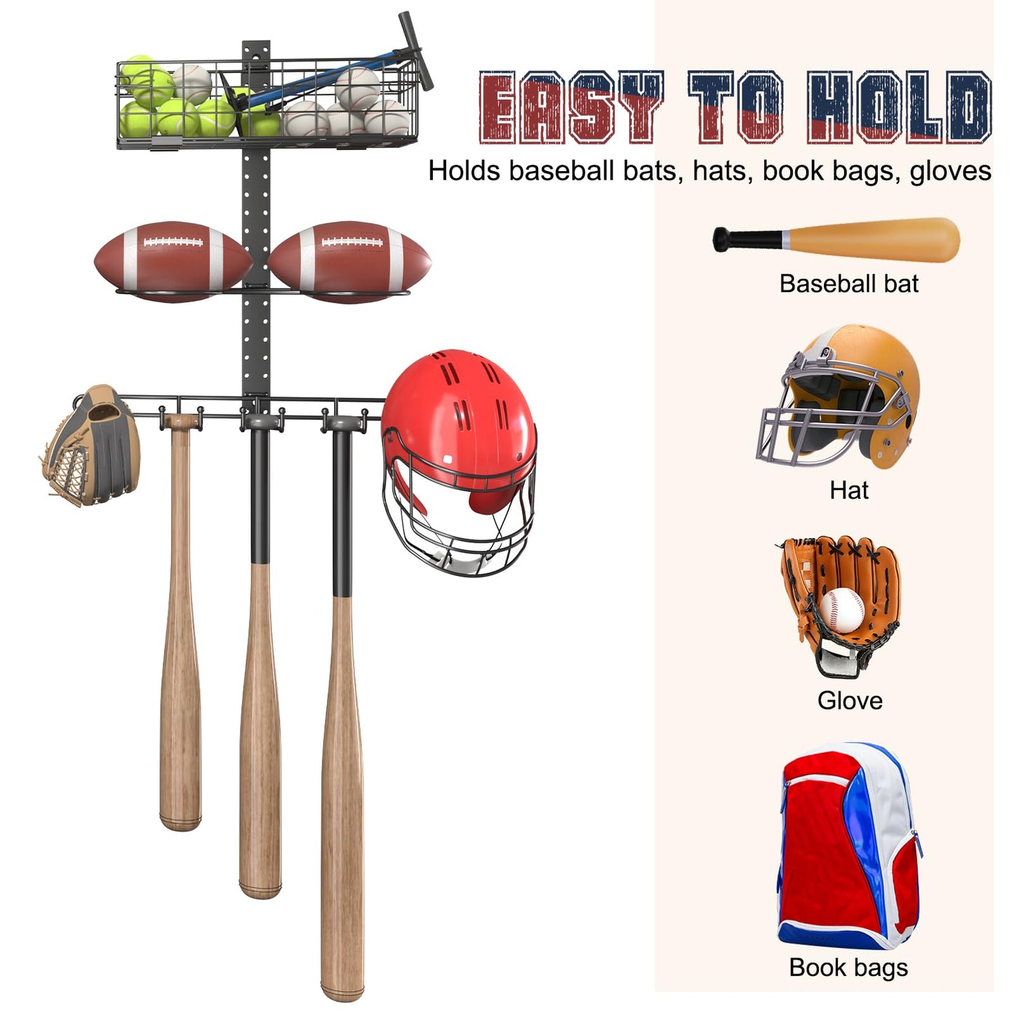 Feyejade 7 Tier Ball Holder Wall Mount:Detachable Wall Mounted Basketball Rack,10 Balls Vertical/Horizontal DIY with Hooks for Basketball Soccer Ball Volleyball Baseball Storage Display