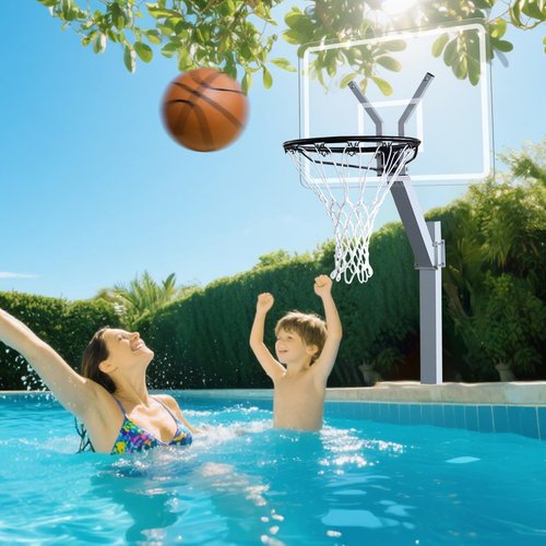 Pool Basketball Hoop for Inground, Poolside Basketball Goal with 18'' Standard Rim, Acrylic Backboard, Rustproof Aluminum Alloy Frame - Adjustable Height 20 to 42 Inches (Silver, In-Ground)