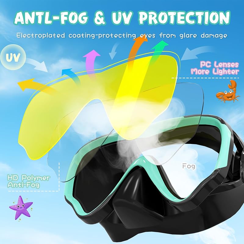 Kids Swim Goggles with Nose Cover - I-Black-Green + Gold Lenses
